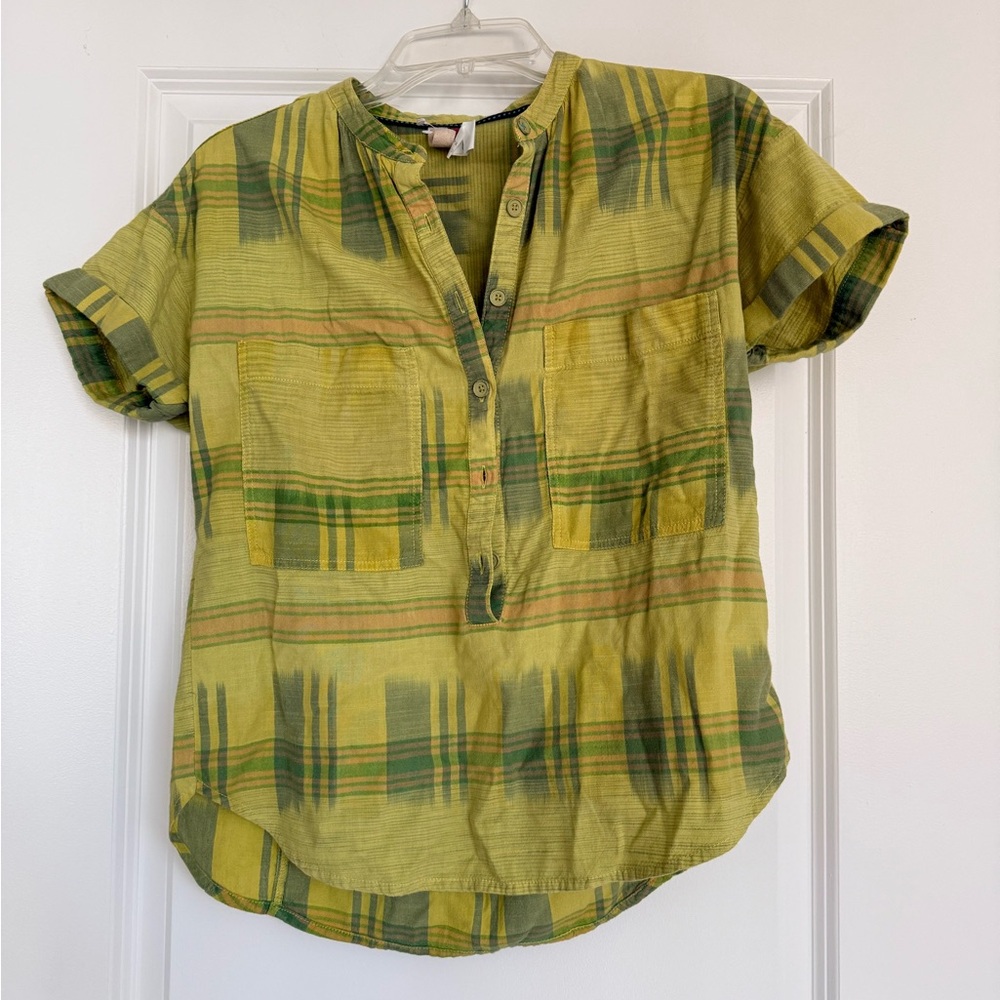 Green and Yellow Half Plaid Button-Up Shirt
